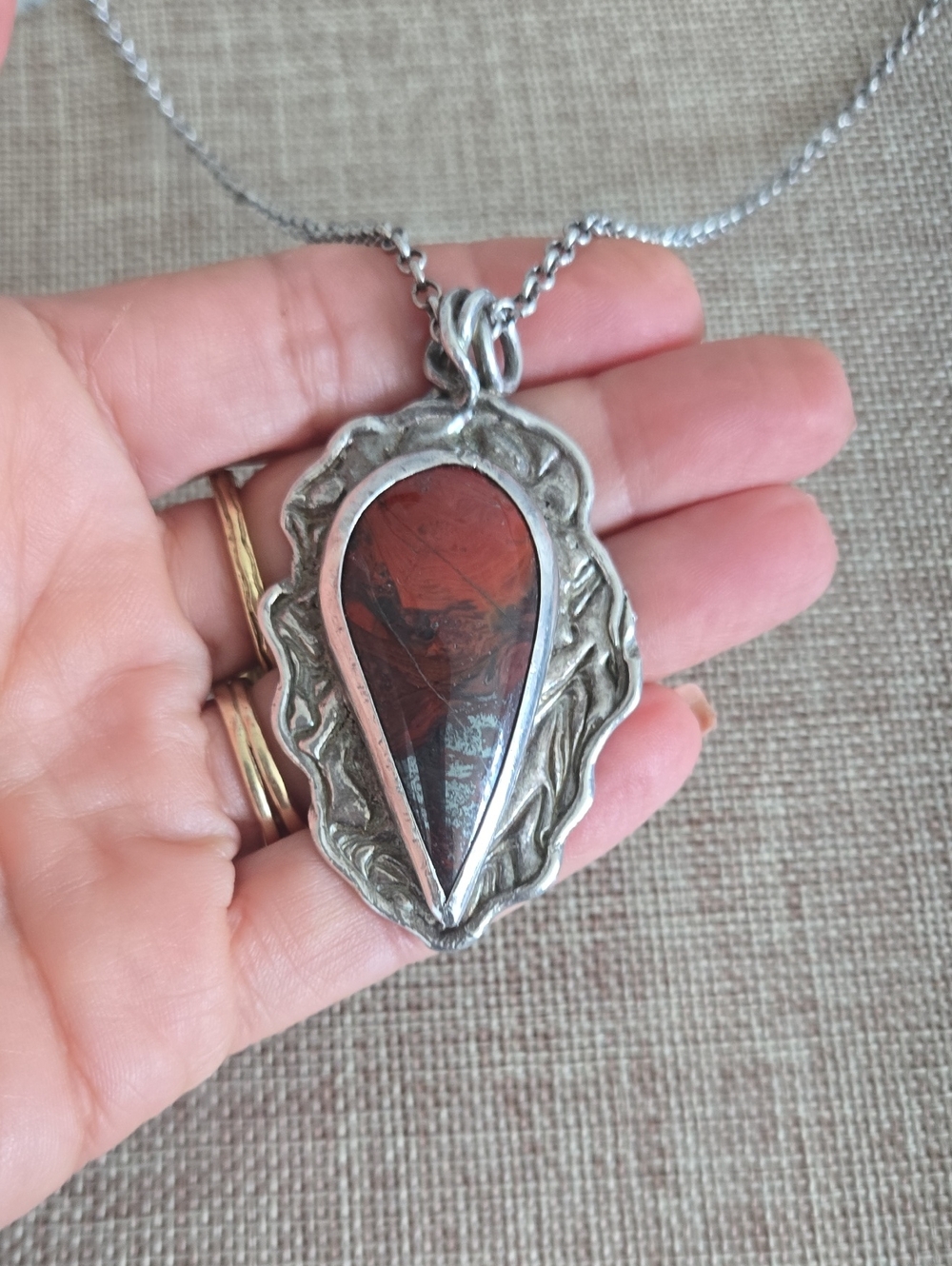 Sterling Silver Teardrop Red Jasper Pendant Necklace, Artisan Made